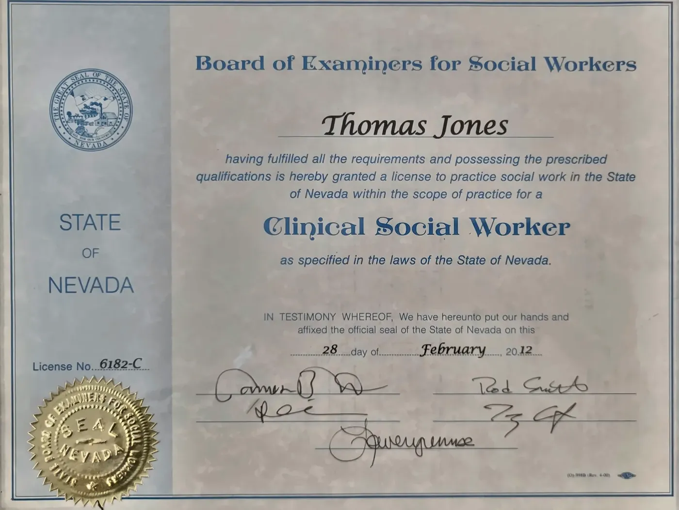 Clinical Social Worker license 6182-C issued to Thomas Jones by the Nevada Board of Examiners for Social Workers, February 2012
