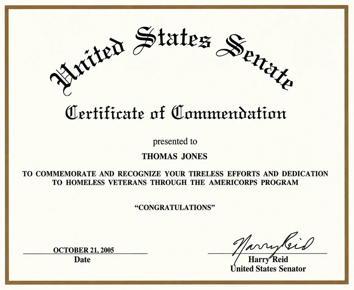 United States Senate Certificate of Commendation presented to Thomas Jones by Senator Harry Reid, dated October 21, 2005